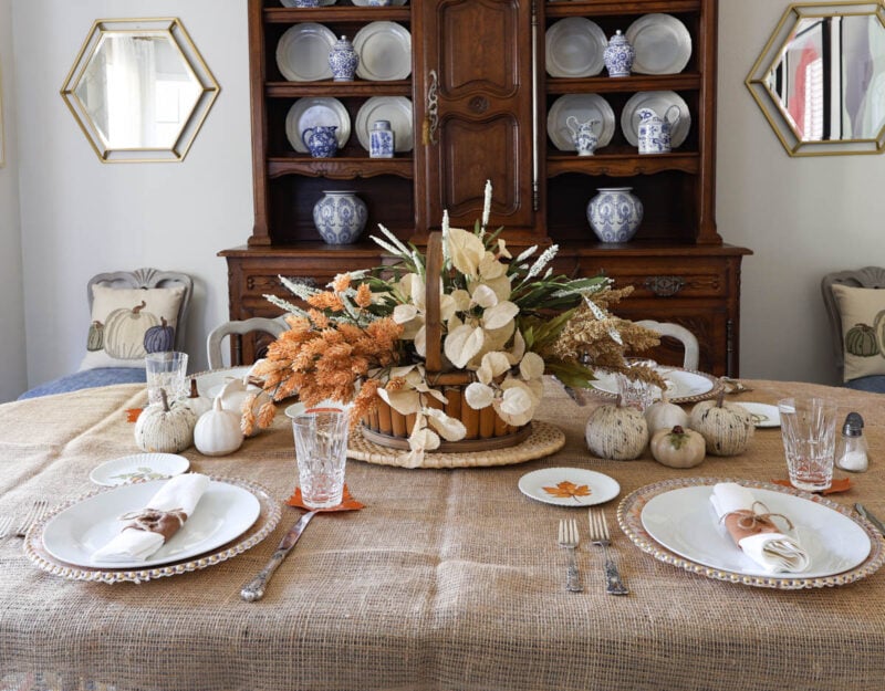 fall centerpiece with foliage in basket centepiece