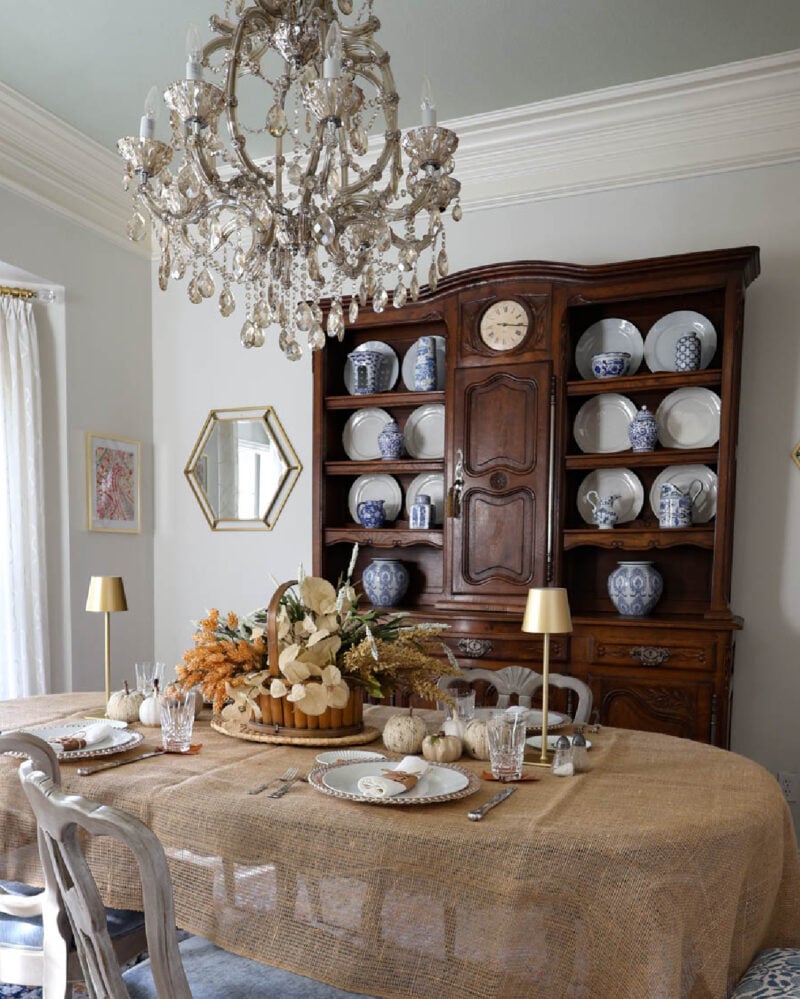 fall tablescape with faux fall centerpiece