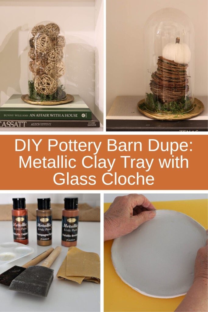 DIY metallic air-dry clay tray with cloche collage