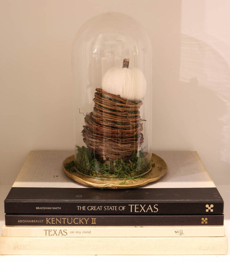stacked twig nests inside cloche on metallic clay tray on bookshelf.